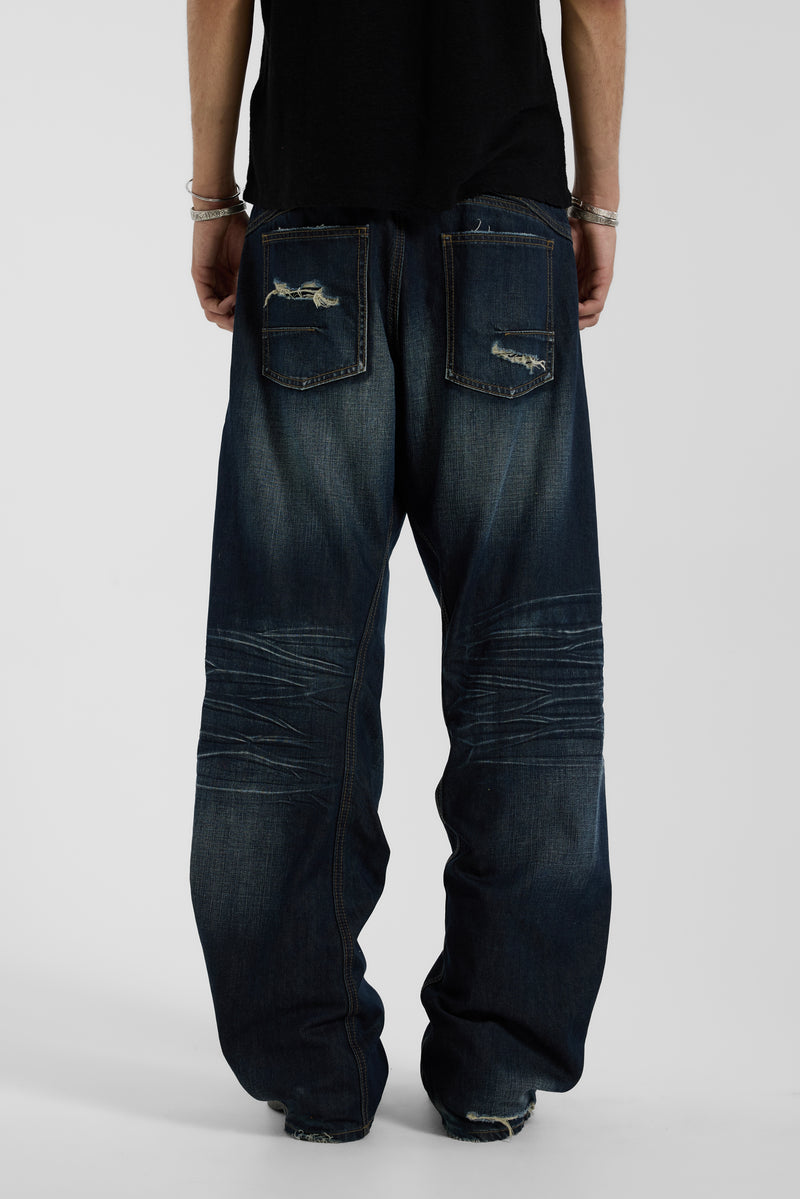 Indigo Distressed Baggy Twisted Seam Jeans - JMJE7062_B1